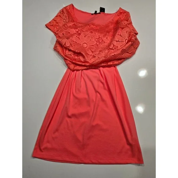 Tiana B Coral Floral Lace Dress Women's Medium Short Sleeve Lined - Picture 6 of 8
